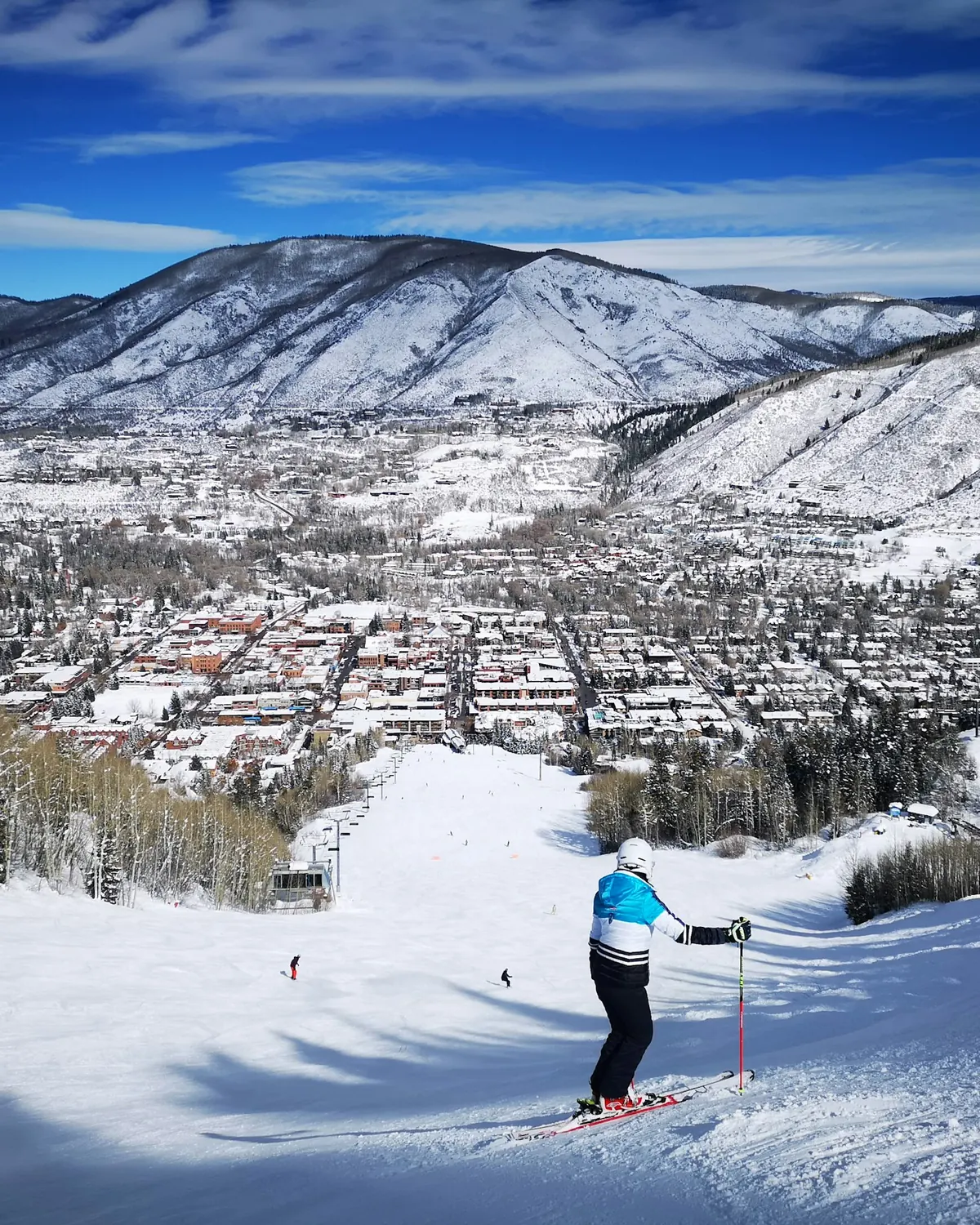 Aspen from the ski slopes above town, with snow-covered mountains across the valley